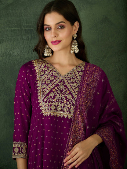 The52 Wine Women's Gorgeous Embroidered Work Vichitra Silk Fabric Flared Kurta Pant and Dupatta Set