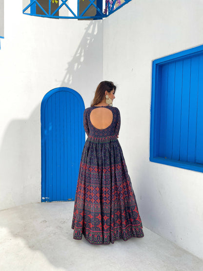 Partywear Designer Blue Chanderi Suit - Anbazaar