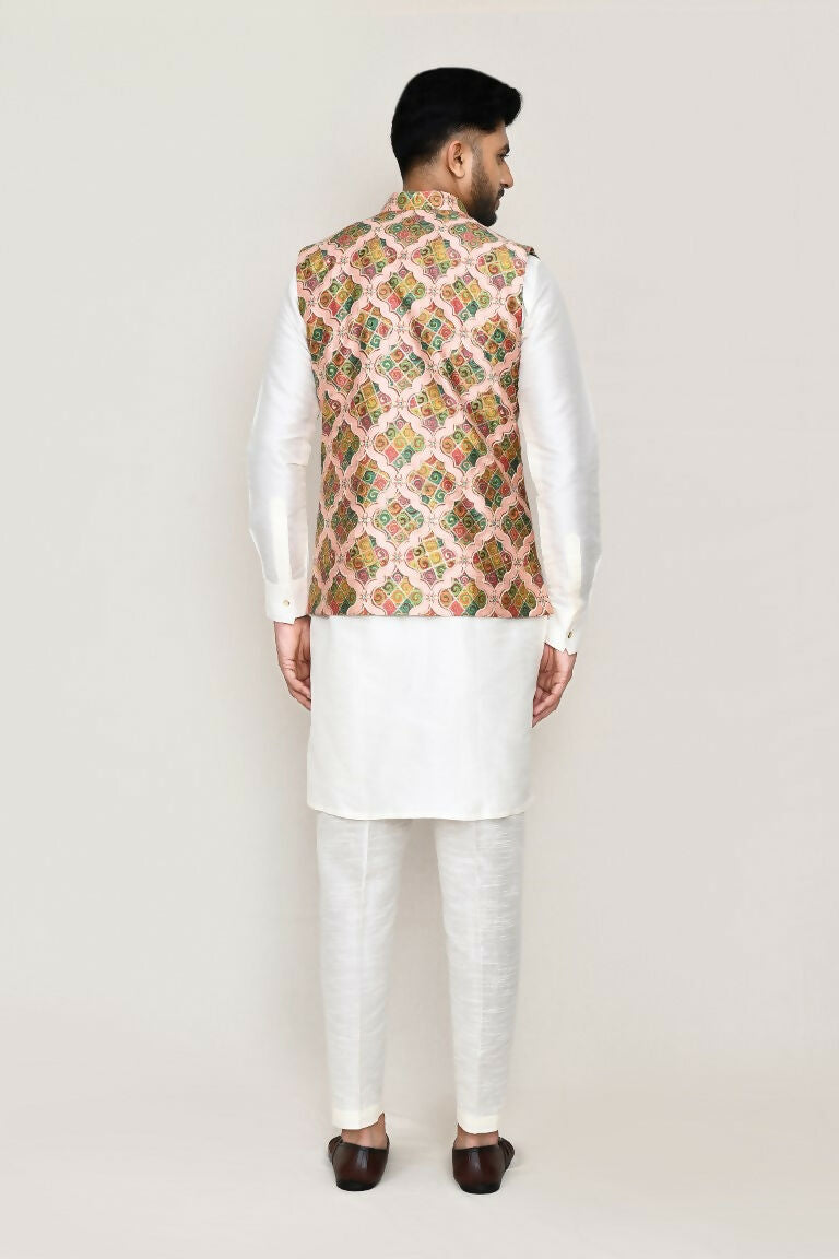 Joban Fashion White Colored Art Silk Fabric Kurta, Jacket With Straight Fit Pant