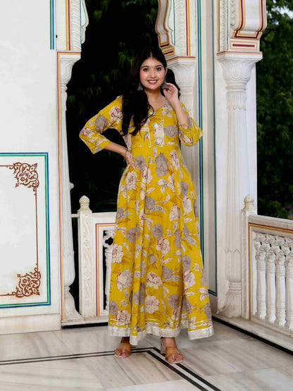 Miravan Women's Cotton Gotapatti And Lace Border Details Floral Printed Yellow Anarkali Kurta