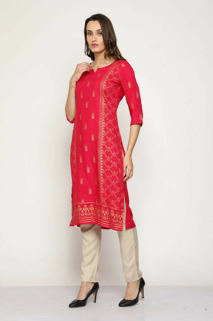 Maai Rayon Hand Printed Kurta Red