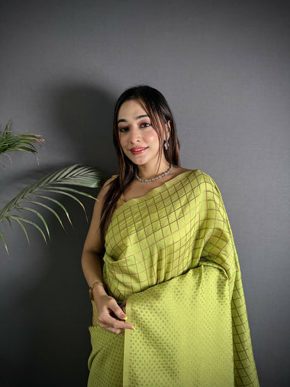 Joban Fashion Light Green Banarasi Soft Lichi Silk Checks & Woven Saree