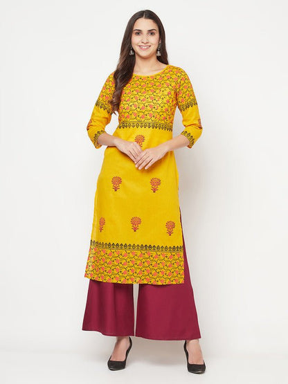 Aniyah Mustard Cotton Block Print Straight Kurta