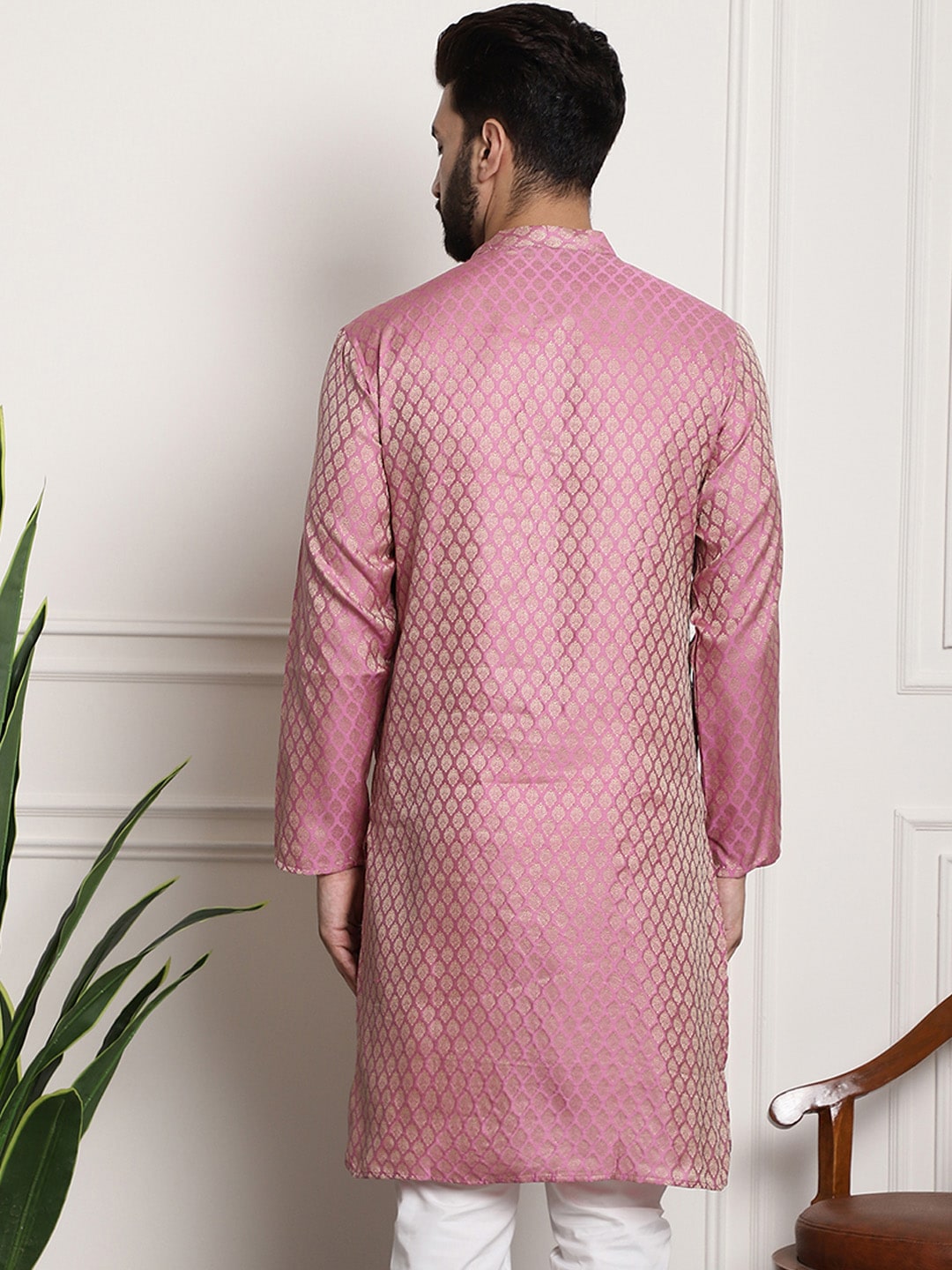 Sojanya Men Pink & Beige Ethnic Motifs Jacquard Woven Design Straight Kurta