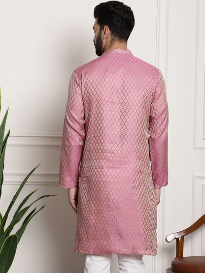 Sojanya Men Pink & Beige Ethnic Motifs Jacquard Woven Design Straight Kurta
