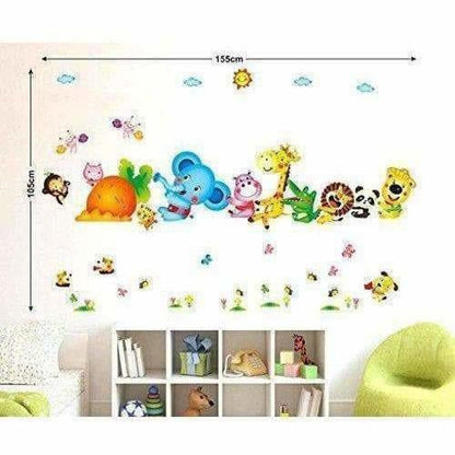 Happy Cute Elephant Monkey Cartoon Animals  Wall Sticker