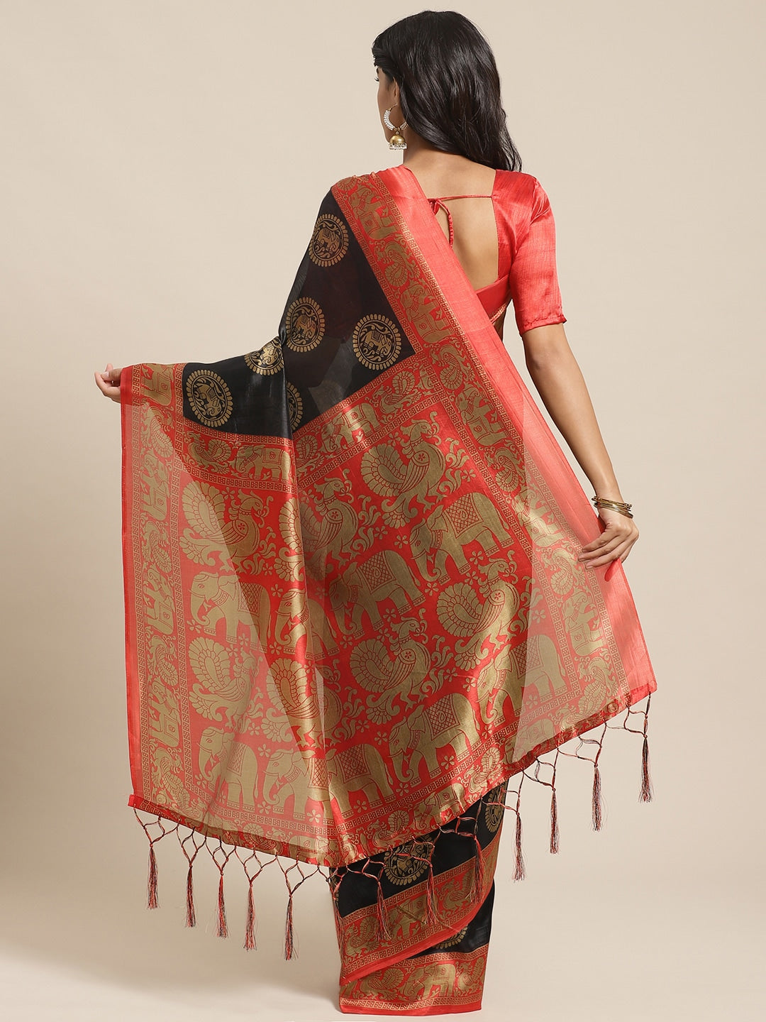 Saree Mall Black & Beige Art Silk Printed Bhagalpuri Saree