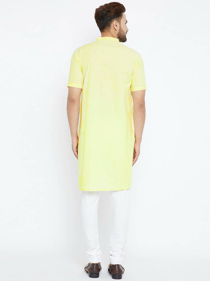Even Apparels Yellow Color Pure Cotton Men's Kurta With Band Collar