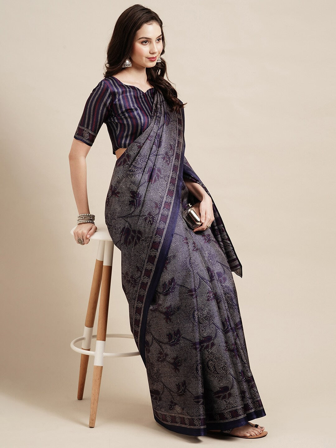 Saree Mall Navy Blue & Grey Floral Art Silk Bhagalpuri Sarees