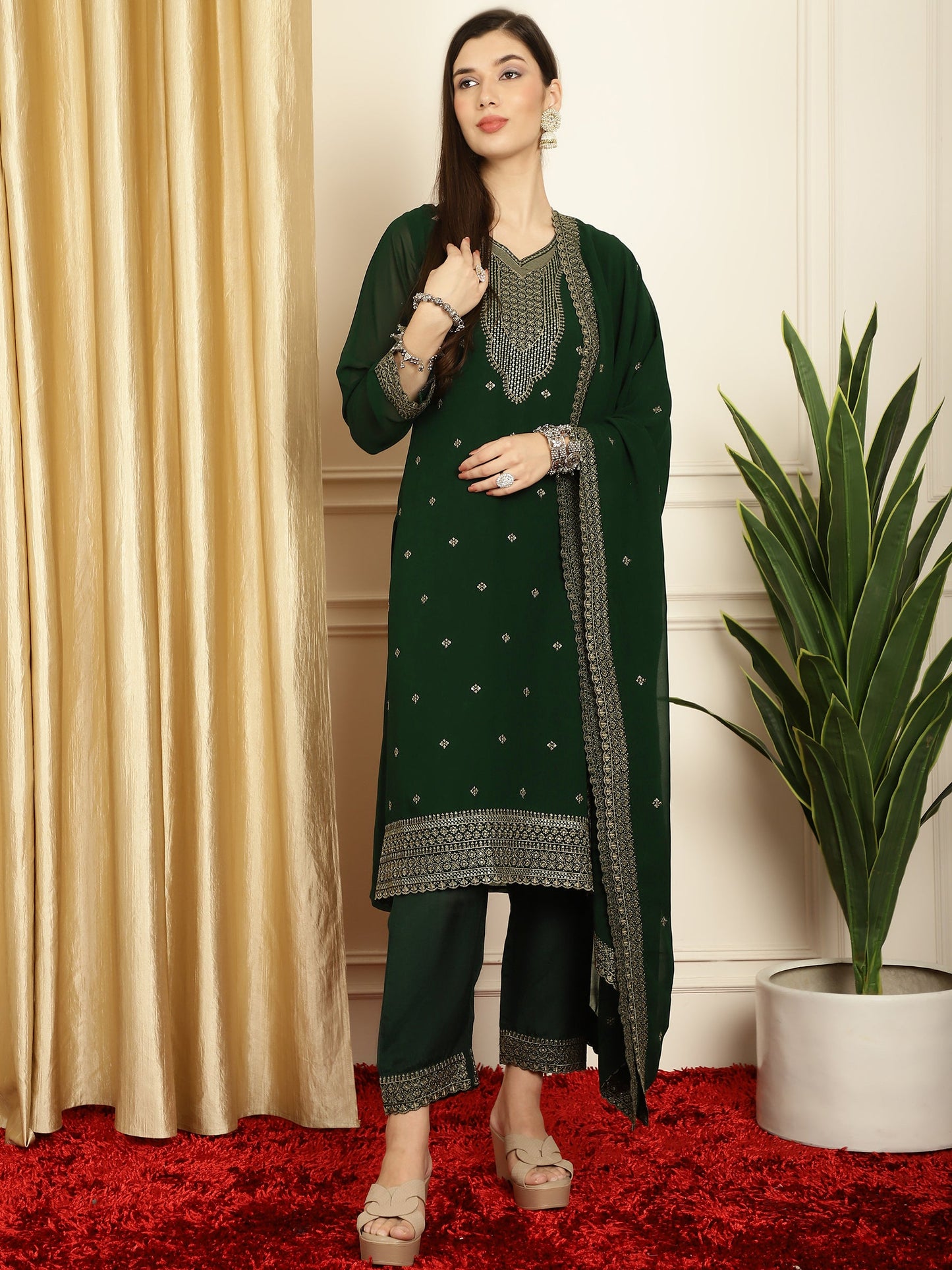 Stylee Lifestyle Green Georgette Embroidered Suit Set