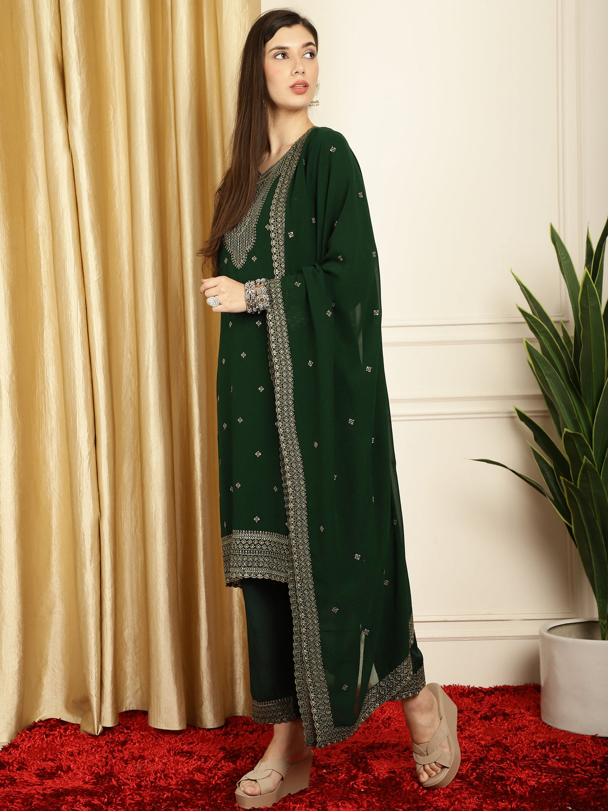 Stylee Lifestyle Green Georgette Embroidered Suit Set