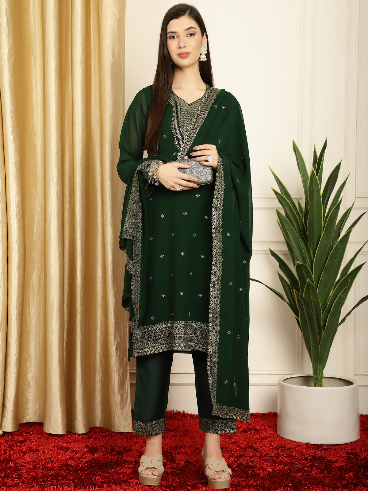 Stylee Lifestyle Green Georgette Embroidered Suit Set