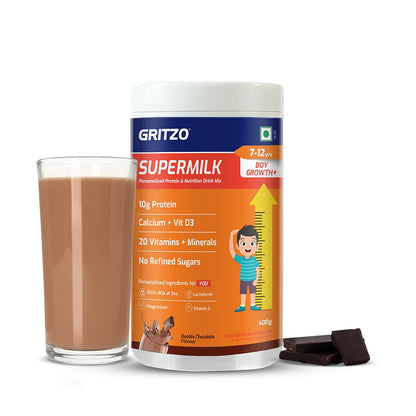 Gritzo SuperMilk Height+ (7-12y Boys), 10g Protein Powder - Double Chocolate