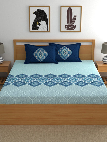 Dreamscape Blue & Turquoise Blue 140 TC Pure Cotton Bedsheet with Pillow Covers