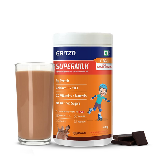 Gritzo SuperMilk Overall Growth (7-12y Boys), 9g Protein (Double Chocolate, Zero Refined Sugar, 20 Vitamins & Minerals