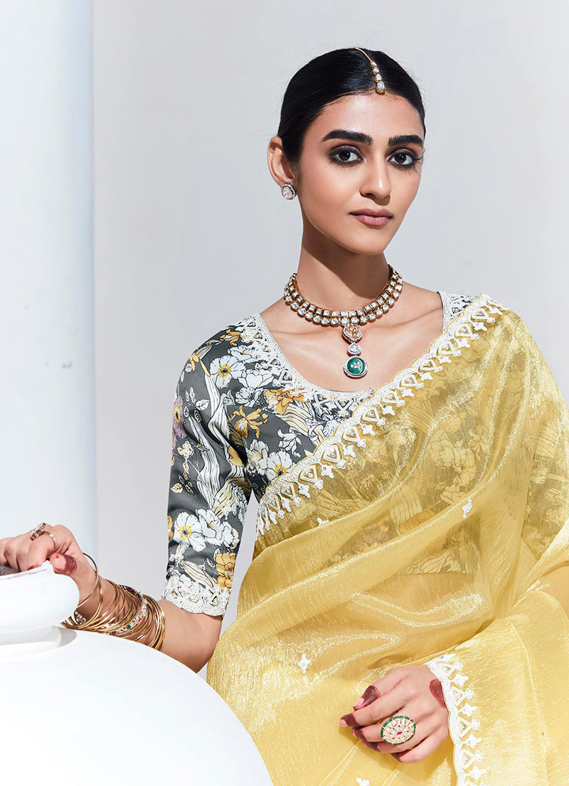 Monjolika Fashion Light Yellow Embroidered Sequence Work Saree For Festival
