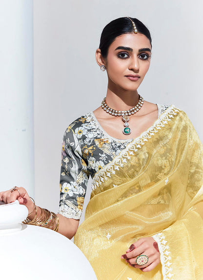 Monjolika Fashion Light Yellow Embroidered Sequence Work Saree For Festival