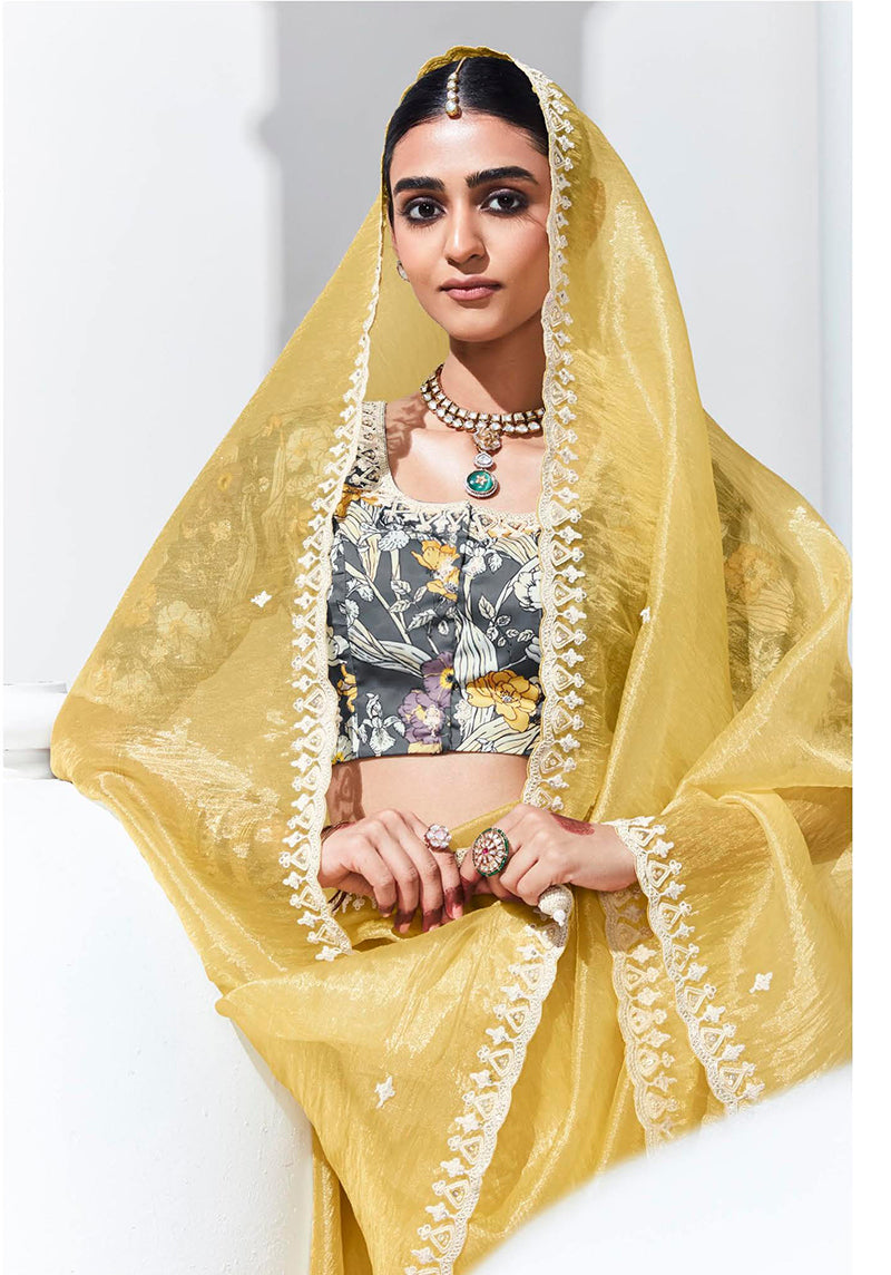 Monjolika Fashion Light Yellow Embroidered Sequence Work Saree For Festival