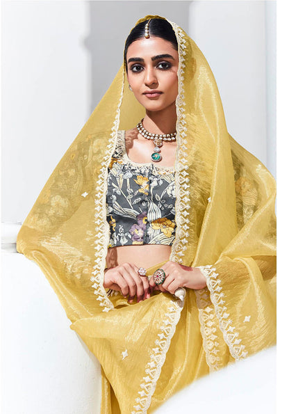 Monjolika Fashion Light Yellow Embroidered Sequence Work Saree For Festival