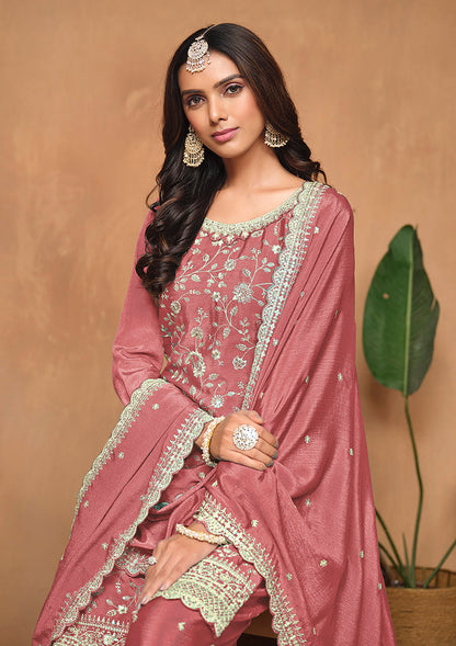 Monjolika Fashion Peach Color Embroidered Santoon Chinnon Salwar Suit