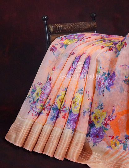 Vibrant Combination of Baby Peach and Orange with Floral Design Semi Chanderi Saree By Gayathri Reddy Designer Studio
