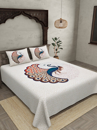 JAIPUR FABRIC Off White & Red Printed 240 TC Cotton King Bedsheet with 2 Pillow Covers