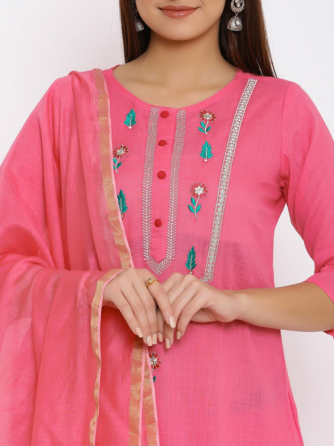 HERE&NOW Pink & Green Floral Embroidered Zari Work Kurta with Palazzos & Dupatta