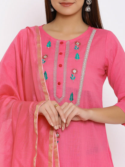 HERE&NOW Pink & Green Floral Embroidered Zari Work Kurta with Palazzos & Dupatta