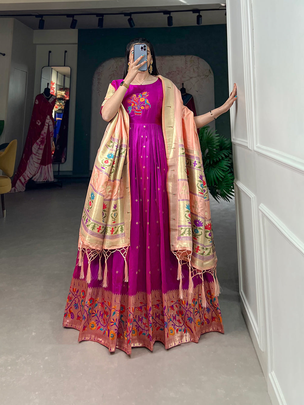 Lorenvalley Purple Jacquard Silk Paithani Woven Design Gown with Dupatta