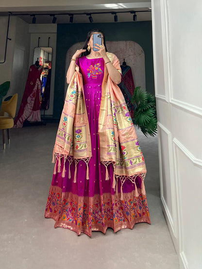 Lorenvalley Purple Jacquard Silk Paithani Woven Design Gown with Dupatta