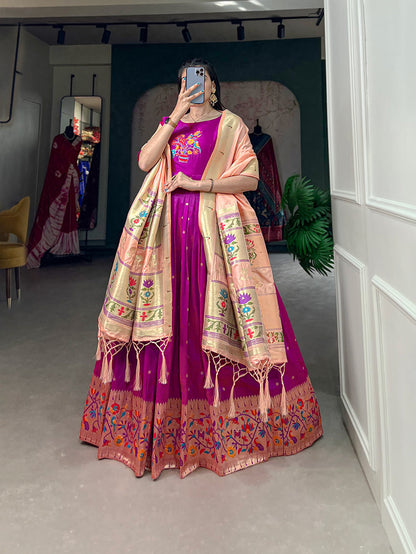 Lorenvalley Purple Jacquard Silk Paithani Woven Design Gown with Dupatta