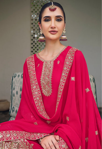 Monjolika Fashion Embroidered Georgette Rani Pink Trendy Salwar Kameez