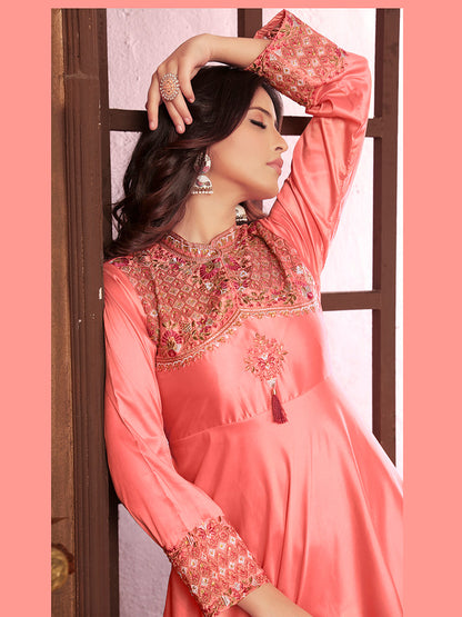 Monjolika Fashion Light Pink Triva Silk Embroidered Wedding Wear Gown