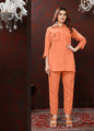Monjolika Fashion Peach Maaza Cotton With Hand Work Trendy Co Ord Set