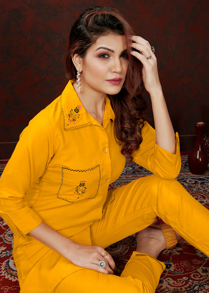 Monjolika Fashion Yellow Maaza Cotton With Hand Work Trendy Co Ord Set