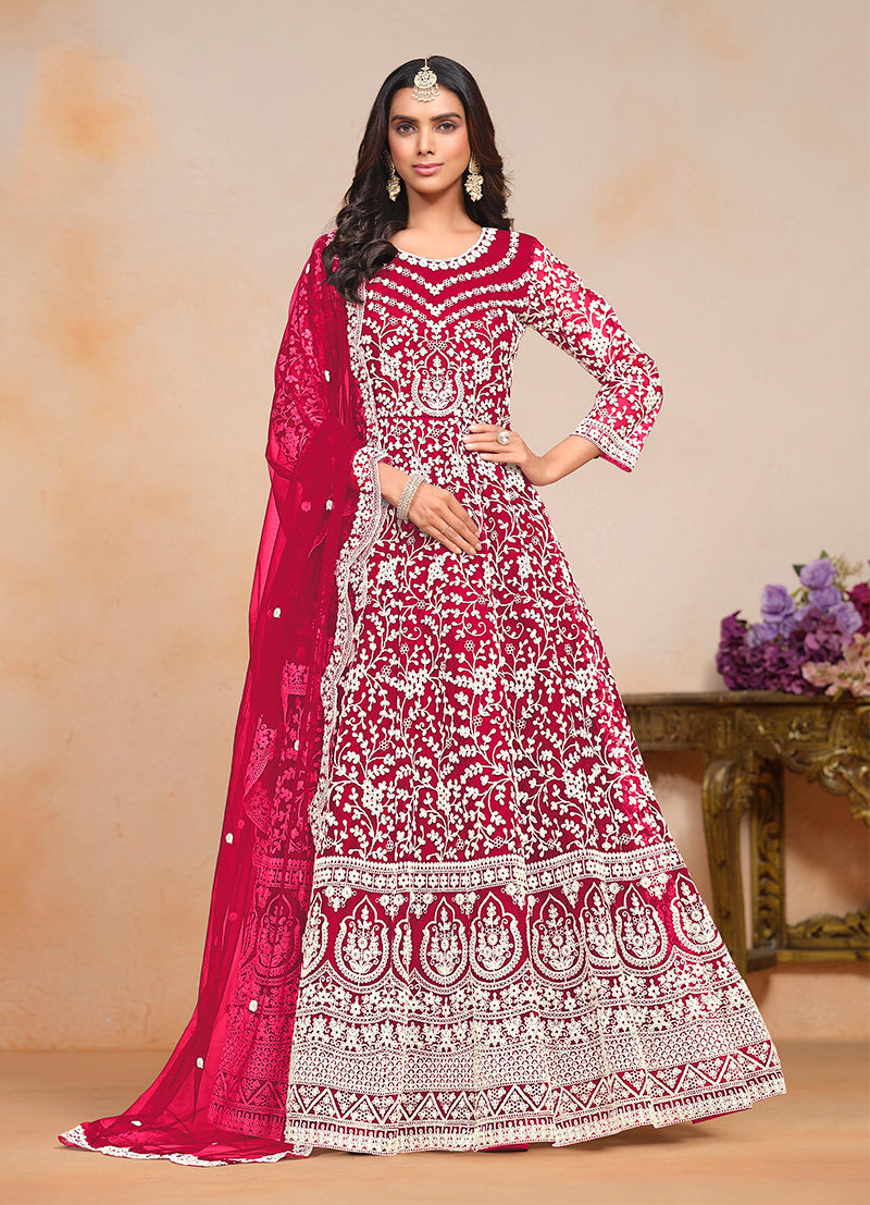 Monjolika Fashion Rani-Pink Color Embroidered Santoon Net Salwar Suit