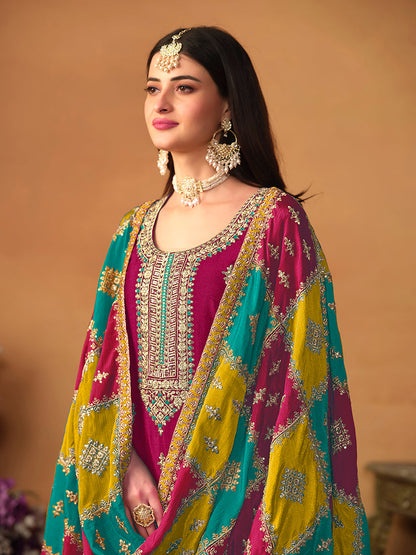 Monjolika Fashion Rani-Pink Color Embroidered Santoon Chinnon Salwar Suit