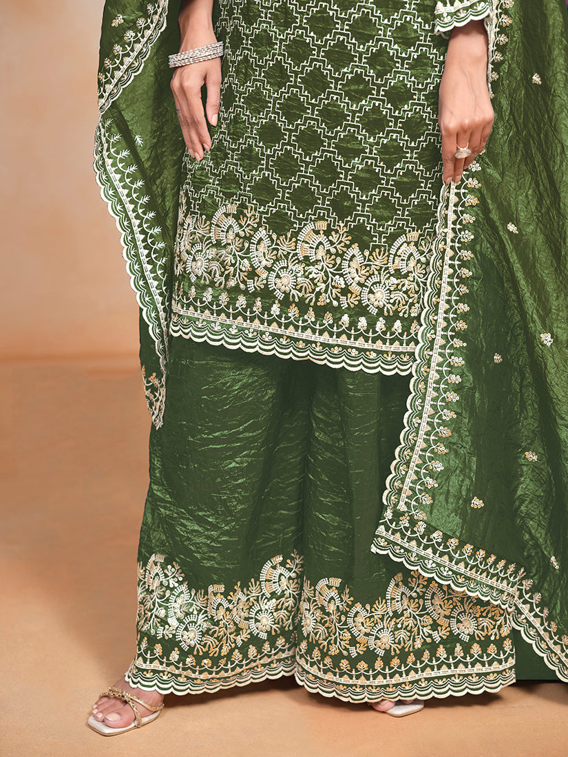 Monjolika Fashion Dark-Green Color Embroidered Santoon Art Silk Salwar Suit