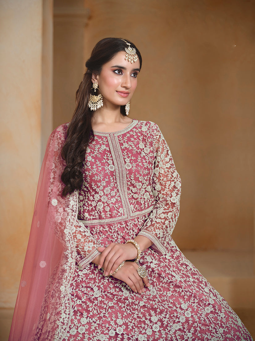 Monjolika Fashion Pink Color Embroidered Santoon Net Salwar Suit