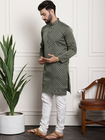 Sojanya Men Green & Off-White Woven Design Kurta with Churidar
