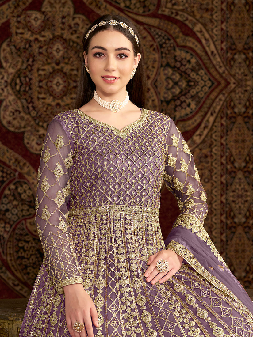 Monjolika Fashion Lilac Color Embroidered Santoon Net Salwar Suit