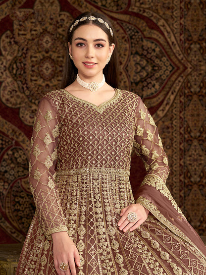 Monjolika Fashion Brown Color Embroidered Santoon Net Salwar Suit