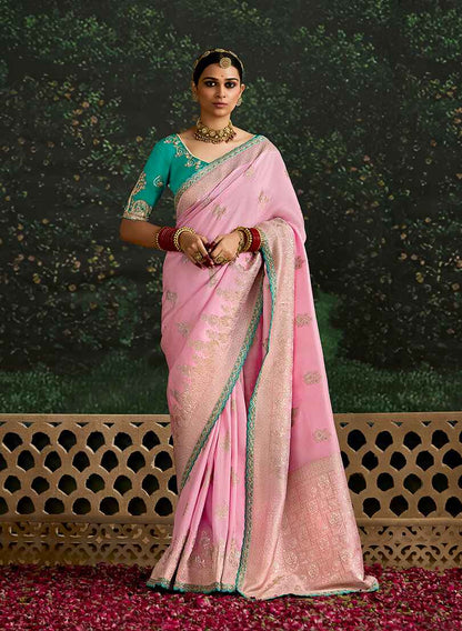 Monjolika Fashion Sequins Embroidered Border Work Dola Silk Pink Reception Classic Saree