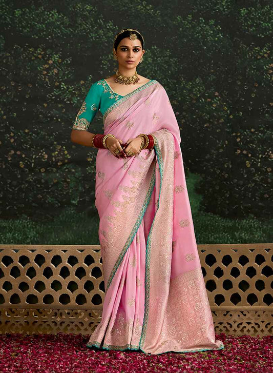 Monjolika Fashion Sequins Embroidered Border Work Dola Silk Pink Reception Classic Saree
