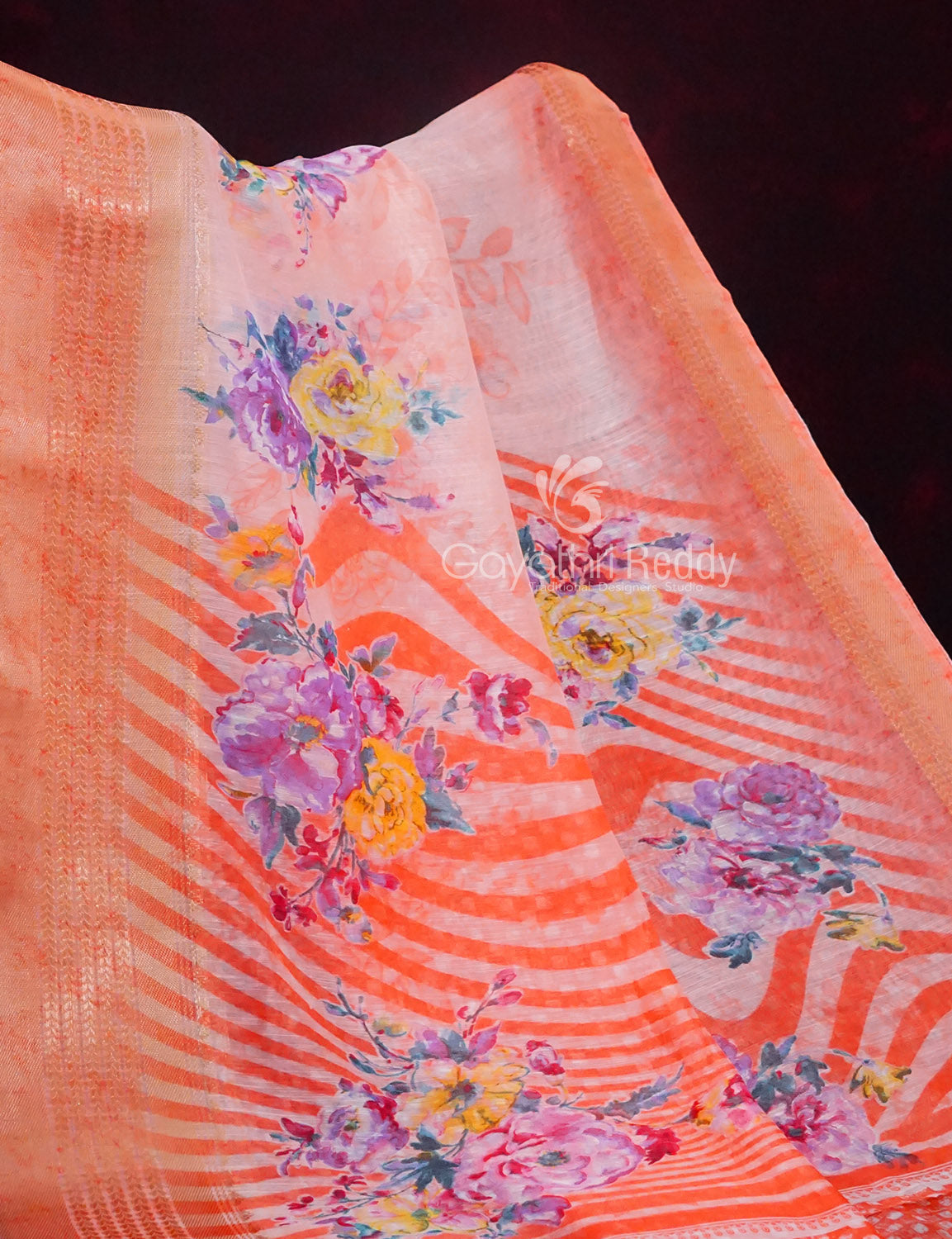 Vibrant Combination of Baby Peach and Orange with Floral Design Semi Chanderi Saree By Gayathri Reddy Designer Studio