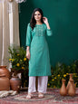 Monjolika Fashion Sky Blue Maaza Cotton Hand Work With Pocket Casual Kurti