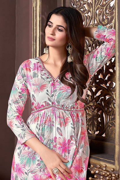 Monjolika Fashion Off White And Pink Rayon Printed Afghani Suit