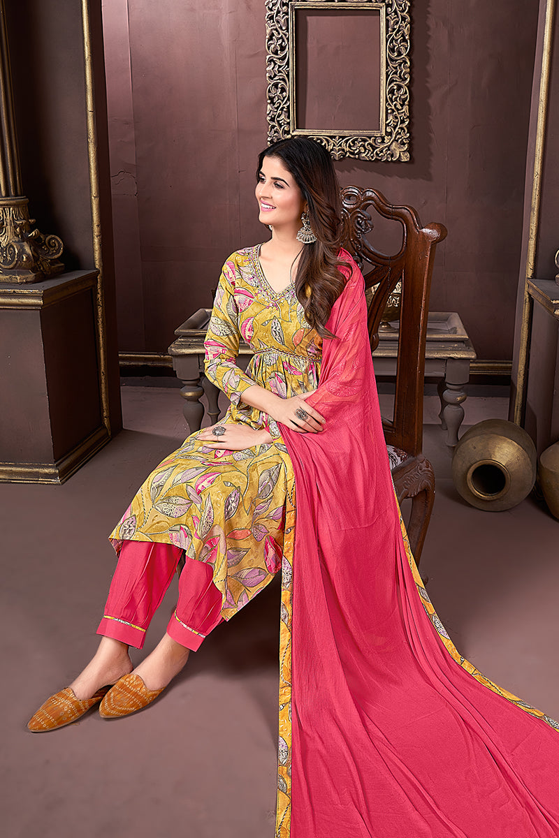 Monjolika Fashion Yellow And Pink Rayon Printed Festival Wear Afghani Suit