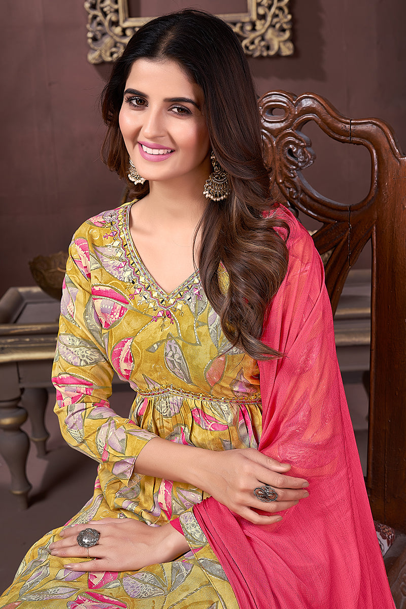 Monjolika Fashion Yellow And Pink Rayon Printed Festival Wear Afghani Suit
