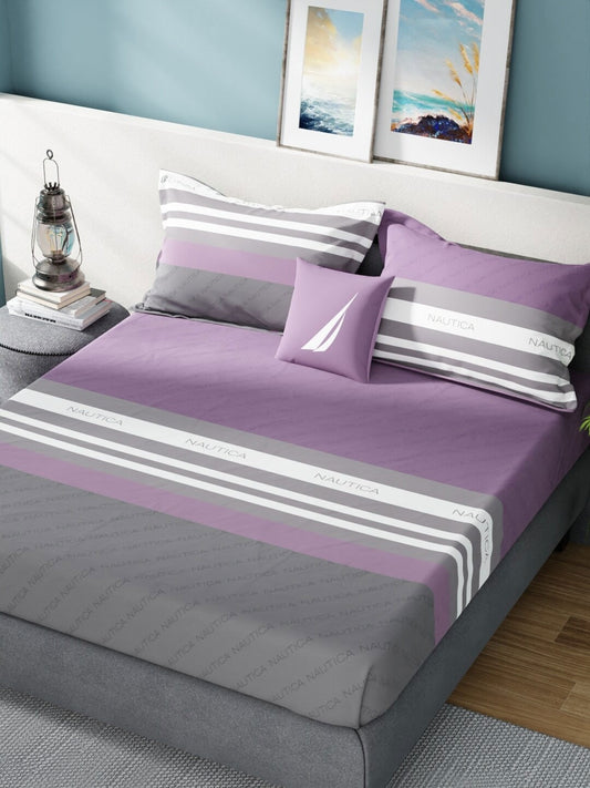 Nautica Bradford Purple & Grey Striped 160 TC Pure Cotton King Bedsheet & 2 Pillow Covers